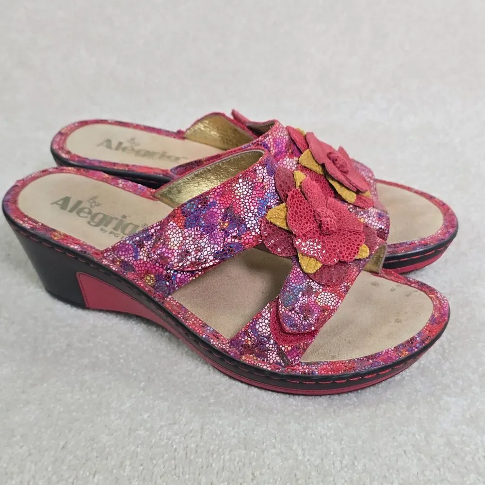 Alegria Lana  Red Leather Wedge Platform Sandals Flower Women's Size 37